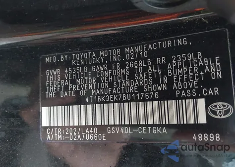 2011 Toyota Camry Xle V6 из США, поврежденный, VIN 4T1BK3EK7BU117676